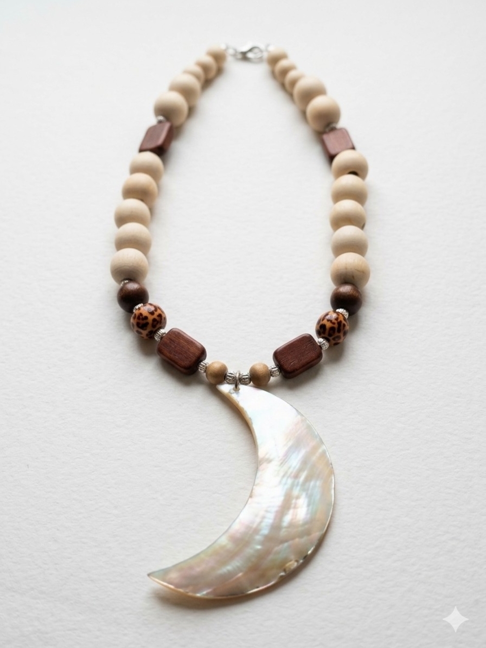 Wood Bead Necklace with Crescent Mother-of-Pearl Pendant - Natural Brown